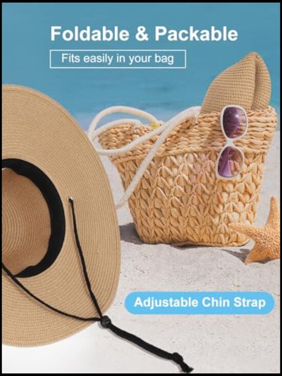 Wide Brim Straw Sun Hat Foldable UPF 50+ Adjustable Lanyard Beach Garden main image 4
